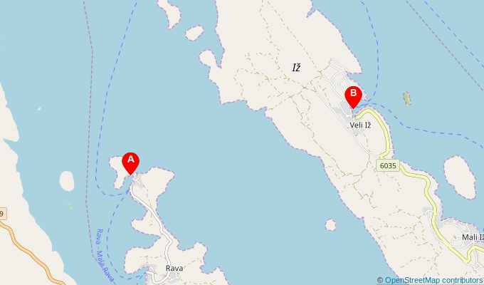 Map of ferry route between Mala Rava and Veli Iz